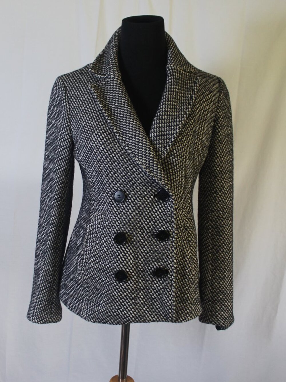 LOFT Black & White Wool Blend Double Breasted Tweed Pea Coat XS
